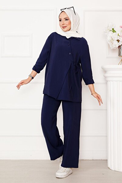 EBRUTESETTÜR طقم حجاب بتفاصيل أزرار جانبية للربط باللون الأزرق الداكن