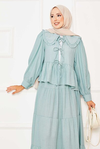 EBRUTESETTÜR Peter Pan collar Front Lace-Up Skirt Suit Mint