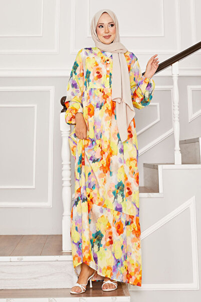 EBRUTESETTÜR Half Button Floral Pattern Modal Dress Yellow