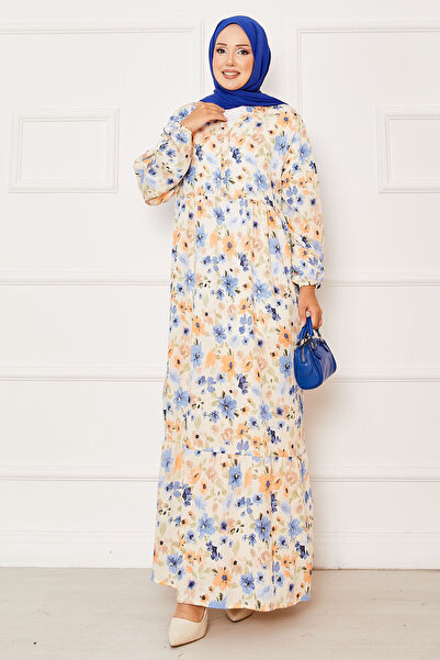 EBRUTESETTÜR Half Button Detailed Floral Pattern Dress Indigo