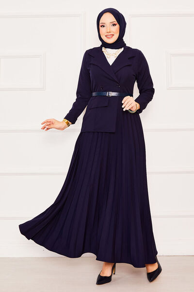 EBRUTESETTÜR Ceket Detaylı Piliseli Tesettür Elbise Lacivert