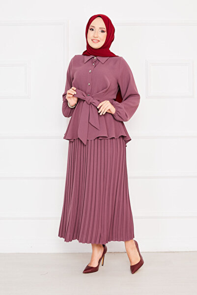 EBRUTESETTÜR Kendinden Kuşaklı Piliseli Tesettür Takım Gülkurusu