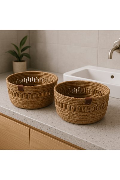 Efuliz Home Jute Wicker Patterned 2-Piece Round Basket Organizer Bathroom Storage Basket Bread Basket