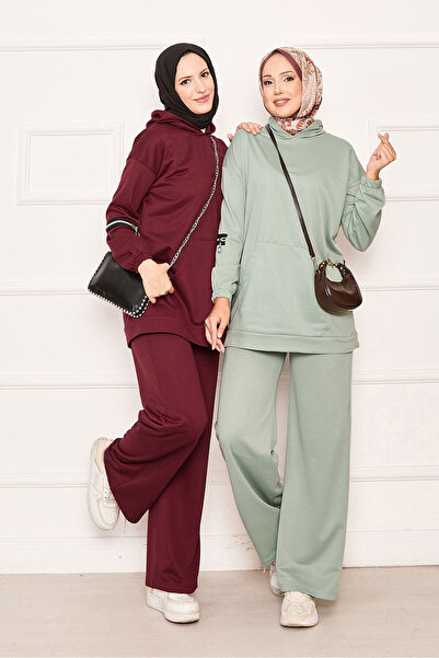 EBRUTESETTÜR بغطاء رأس طقم مكون من قطعتين بتفاصيل سحاب على الأكمام باللون الأ...