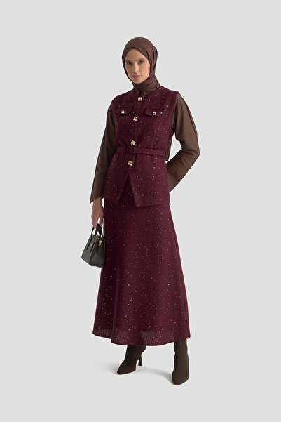 Armine TREND New Season Belted Pulu Vest and Pulu Skirt with Zippered Waist Lined Skirt Top and Bottom Set