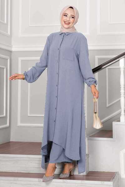 EBRUTESETTÜR Buttoned Aerobin Hijab Double Set Gray