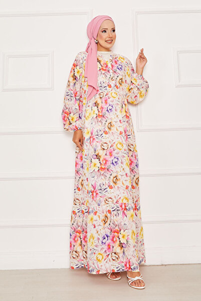EBRUTESETTÜR Floral Half Button Hijab Dress Pink