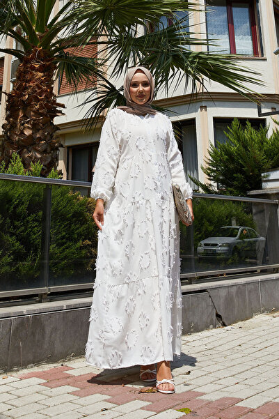EBRUTESETTÜR Half Buttoned Tassel Detailed Hijab Dress Ecru
