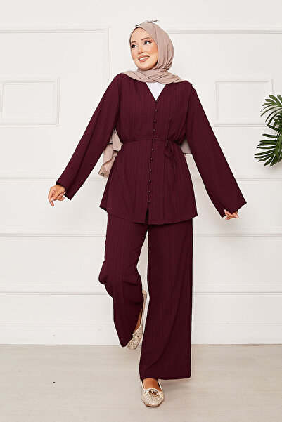 EBRUTESETTÜR بدلة بريطانية مزدوجة بأزرار وحزام من سيجار، لون أحمر داكن