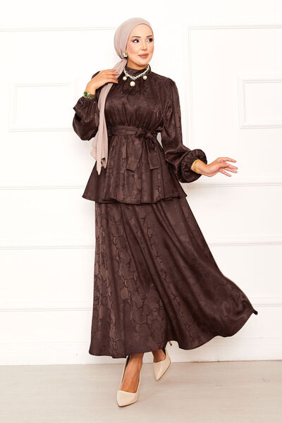 EBRUTESETTÜR طقم تنورة جاكار بحزام مطاطي عند الخصر باللون البني