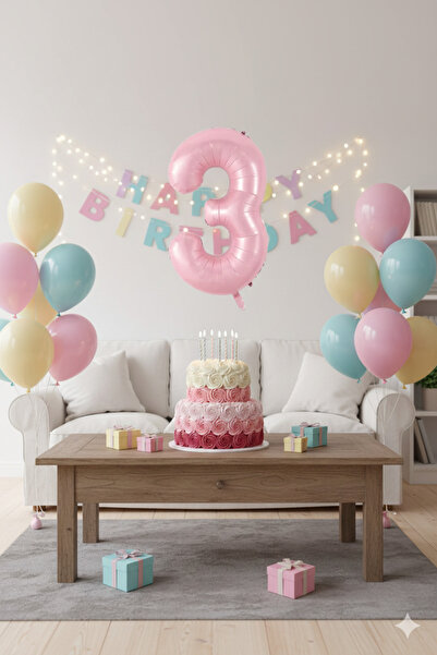 Deniz Party Store بالون فويل وردي 3 سنوات من العمر 34 بوصة 76-80 سم