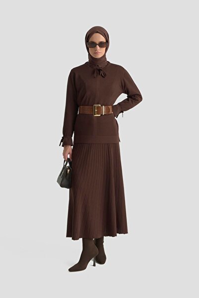 Armine TREND New Season Crew Neck Ribbon Detailed Drawstring Sleeve Knitwear Blouse Elastic Waist Skirt Top and Bottom Set