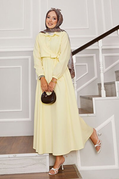 EBRUTESETTÜR Yandan Bağlamalı Yarım Düğme Detaylı Elbise Sarı