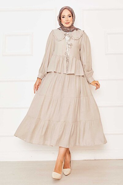 EBRUTESETTÜR Peter Pan collar Front Lace-Up Skirt Suit Beige