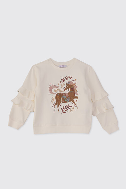 Panço Kız Çocuk Baskı Detaylı Ekru Sweatshirt
