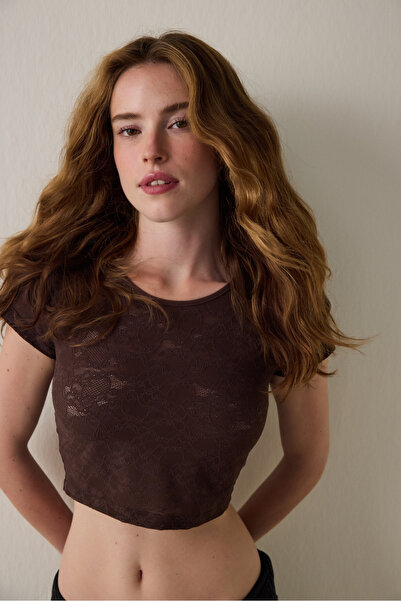 Penti Brown Crew Neck Lace Crop Top