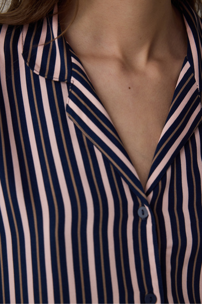 Penti Navy Blue Striped Shirt Collar Long Sleeve Pajama Set