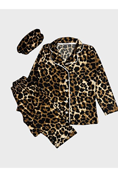 ALİŞ KİDS Σετ πιτζάμες μακρυμάνικο με κουμπιά με γιακά πουκάμισο με μοτίβο λεοπάρ καφέ από βαμβακερό ύφασμα σουέτ για μητέρα και κόρη