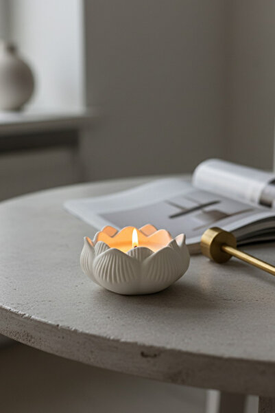 Lumi Home Lotus Tasarımlı Beyaz Beton Mumluk Dekoratif Tealight Mum Standı