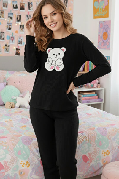 ELİTOL Happy Bear Black Women's Pajama Set