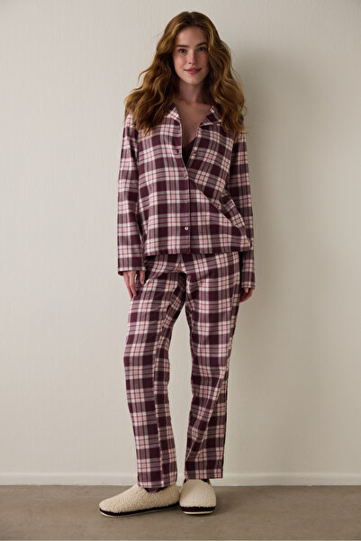 Penti Bordó kostkovaná košile s bavlněným límcem, pyžamový set