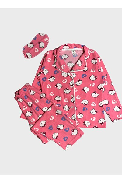 ALİŞ KİDS Σετ πιτζάμες για κορίτσια από βαμβακερό ύφασμα σουέτ ροζ με σχέδιο Hello Kitty με μακρυμάνικο πουκάμισο με κουμπιά στο γιακά
