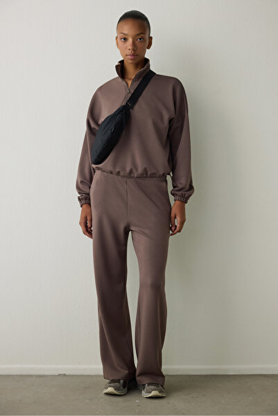 Penti Khaki Silky Feel Stand Collar Crop Sweatshirt