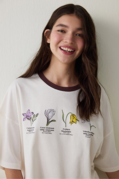 Penti Ecru Steppen-Tulpe Blume Druck Bio-Baumwolle Rundhals Kurzarm Shorts Pyjama Set - Inspi