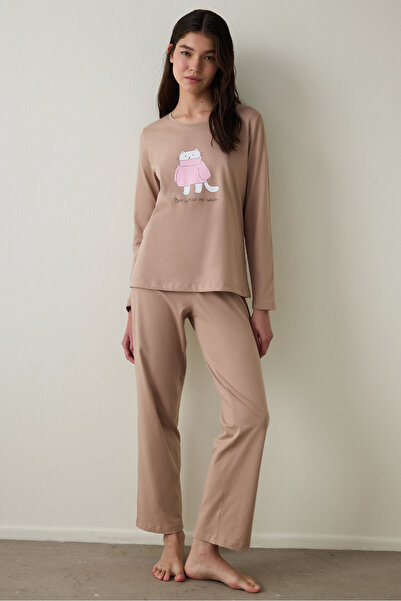 Penti Set de pijamale din bumbac cu imprimeu slogan bej ORL Crewneck