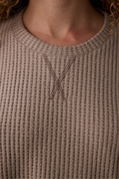 Penti Dark Beige Mocha Waffle Crew Neck Thermal Effect Pajama Set