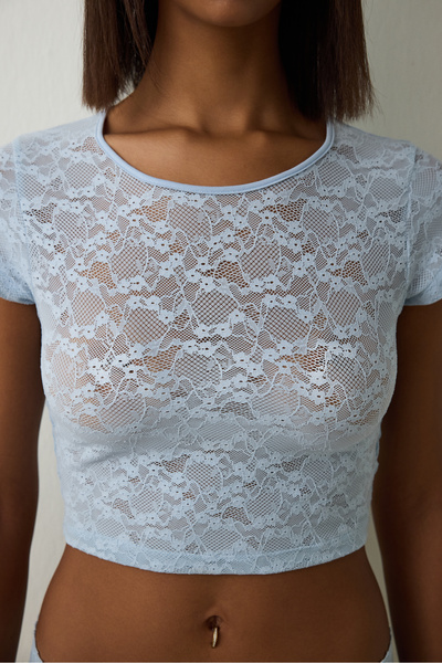 Penti Light Blue Crew Neck Lace Crop Top