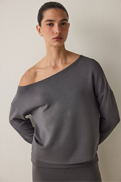 Penti Gray Boat Neck Modal Open Front Sweatshirt