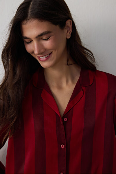 Penti Red Margot Striped Satin Shirt Collar Long Sleeve Pajama Set