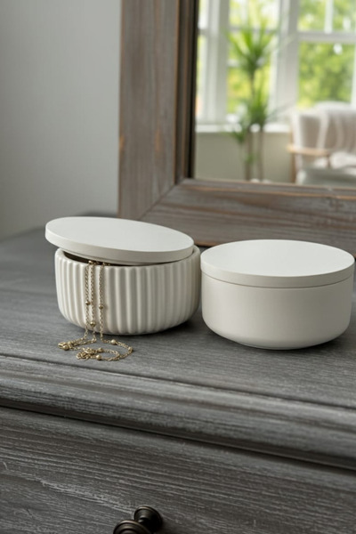 Lumi Home 2'li Set Beton Büyük Kapaklı Kutu Modern Organizer Çizgil-Sade