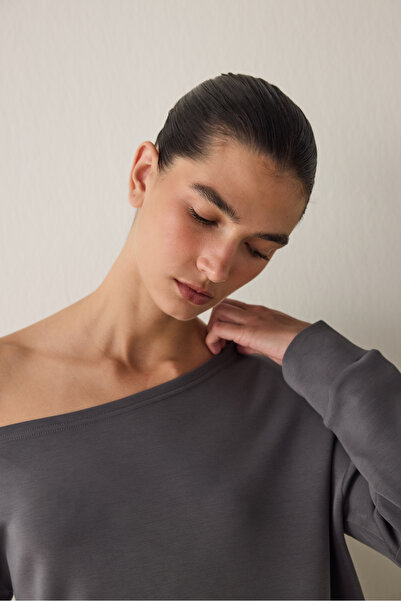 Penti Gray Boat Neck Modal Open Front Sweatshirt