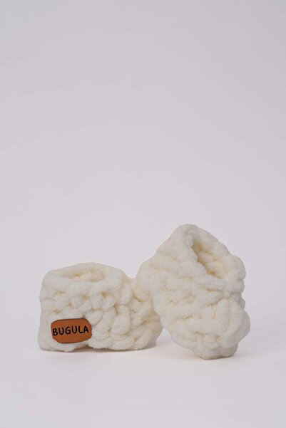 Bugula Yeni Doğan Panduf Patik 0-3M Krem Unisex El Yapımı Süslü Ayakkabı Alize Puffy İp Örgü