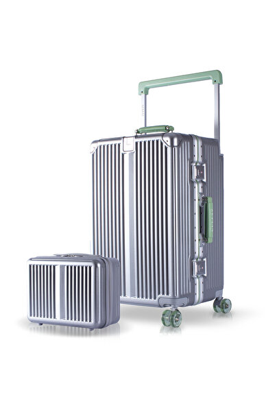 Zeplin Boxy PC Policarbon 2'li Valiz Seti (Orta ve Makyaj) Silver-Yeşil