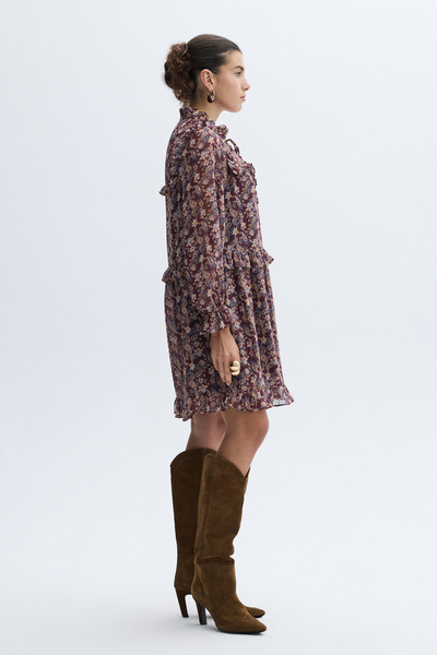 Mudo Floral Printed Mini Dress with Tie-Up Neck