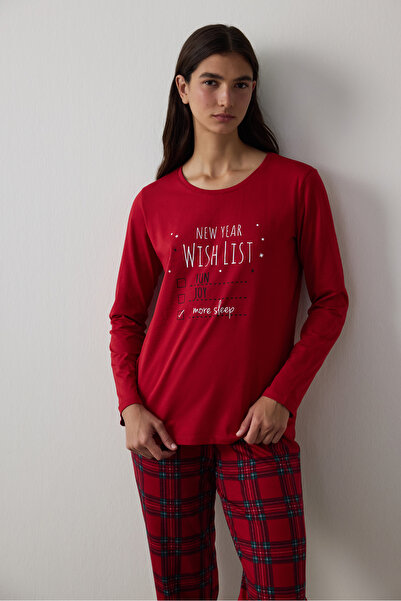 Penti Red Ny Wishlist Plaid Cotton Long Sleeve Pajama Set