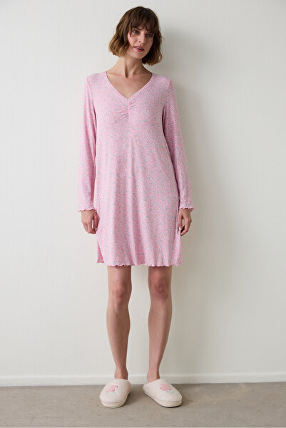 Penti Light Pink Not Today Floral Patterned Crew Neck Long Sleeve Nightdress