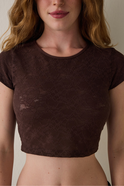 Penti Brown Crew Neck Lace Crop Top
