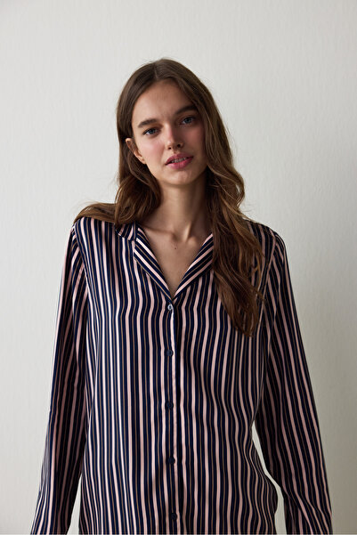 Penti Navy Blue Striped Shirt Collar Long Sleeve Pajama Set