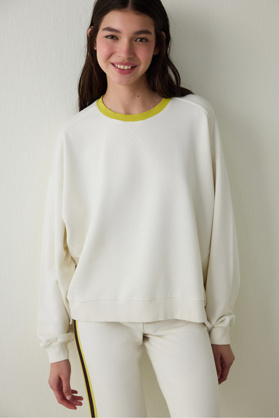 Penti Light Beige Floral Patterned Collar Oversize Bell Sweatshirt - Inspired by Flora