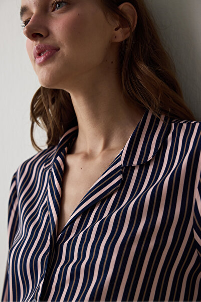 Penti Navy Blue Striped Shirt Collar Long Sleeve Pajama Set