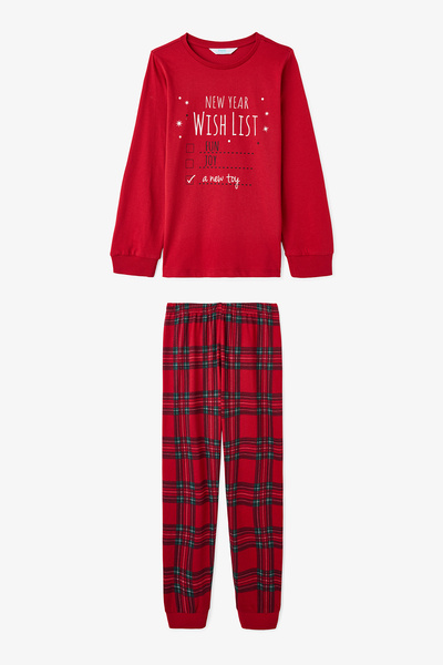 Penti Rotes Langarm-Pyjama-Set aus Baumwolle mit Aufdruck „Wishlist“ für Jungen