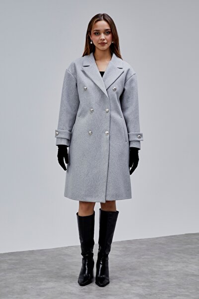 Bolivente Gray Double-Breasted Collar Button Detailed Cashmere Coat