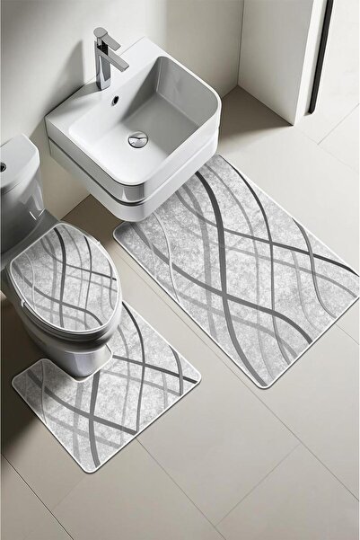 Dolce Mariee Modern Desenli Dijital Baskı 3’lü Banyo Paspas Takımı Yıkanabilir Kaymaz Tabanlı Klozet Takımı KLZ00