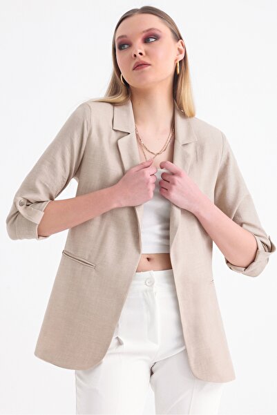 MD trend Women's Foldable Sleeve Lined Double Breasted Blazer Linen Jacket