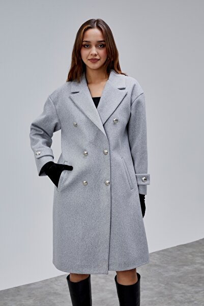 Bolivente Gray Double-Breasted Collar Button Detailed Cashmere Coat