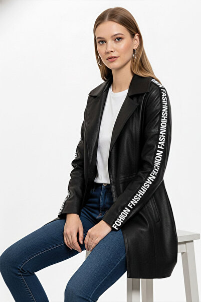 Deriderim Siyah Lori Önden Çapraz Fermuarlı Kemerli Reglan Kol Fashion Yazılı Hakiki Deri Kadın Kaban